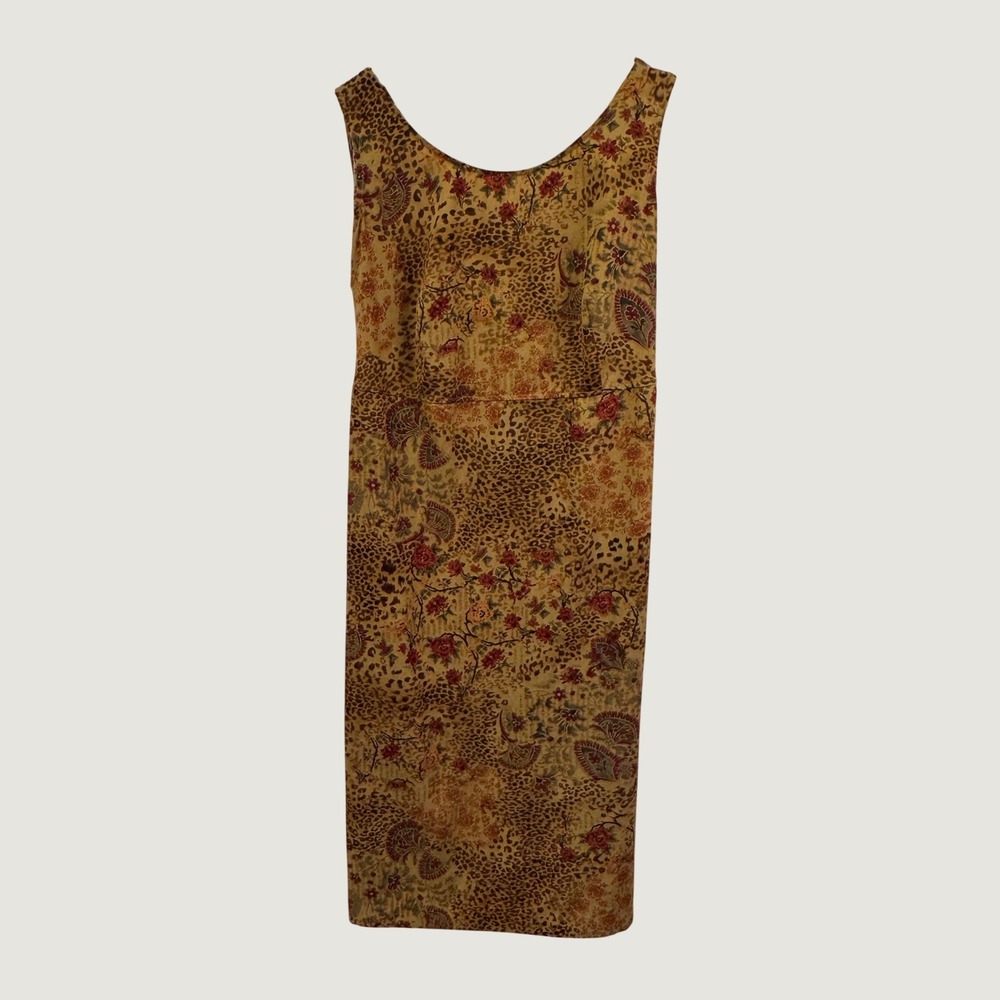R&K‎ Original Woman Midi Dress Brown Leopard Floral Sleeveless 90s Boho Sheath